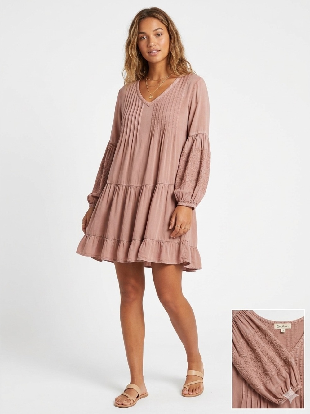 Solitaire Dusty Pink Embroidered Pin Tuck Boho Tiered Peasant Dress L